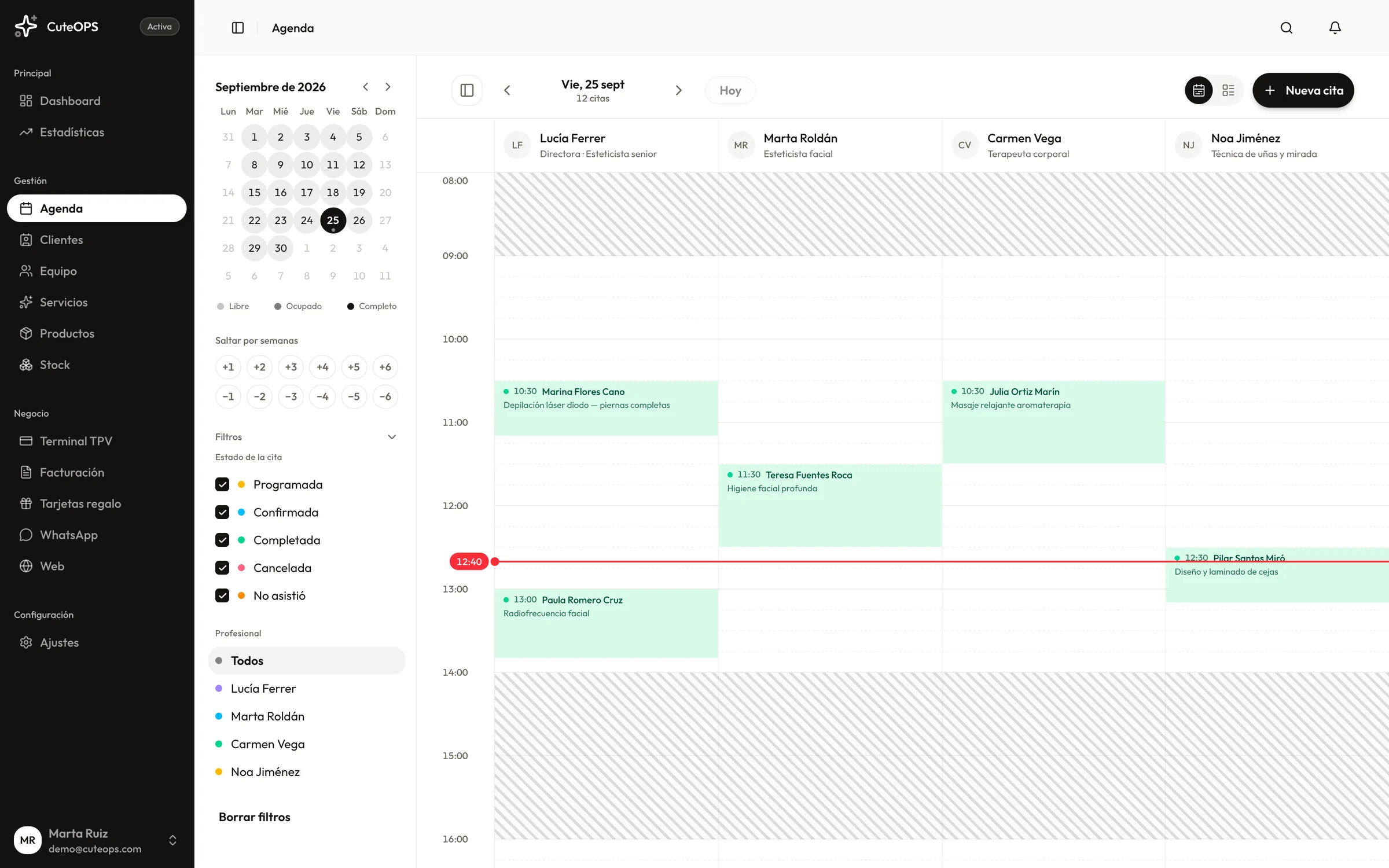 Agenda de CuteOPS coordinando salas y terapeutas a lo largo del día