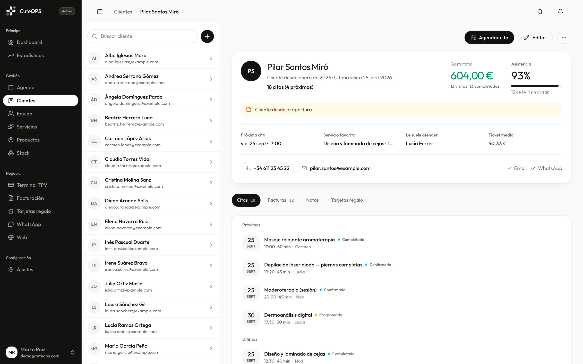 Fichero de pacientes de CuteOPS con su historial de sesiones